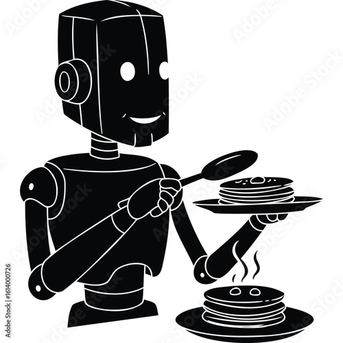 Robot Serving Delicious Pancakes, AI Breakfast, Technology Food Illustration