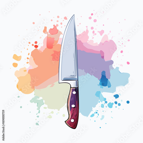 Chef's Knife with Wooden Handle on Watercolor Background