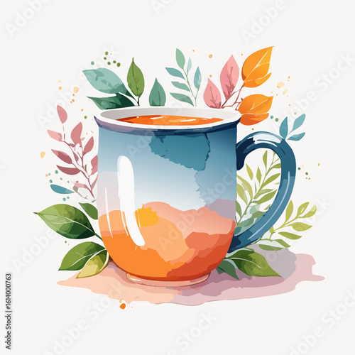Blue glass mug of orange herbal tea in a watercolor style, adorned with colorful botanical leaves.