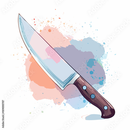 Classic chef's knife illustration with a riveted dark wood handle and a sharp, reflective steel blade.