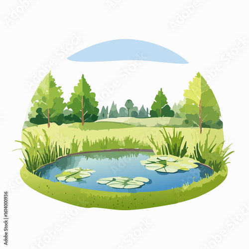 Serene watercolor landscape illustration of a tranquil pond with lily pads, surrounded by lush green trees and grass.