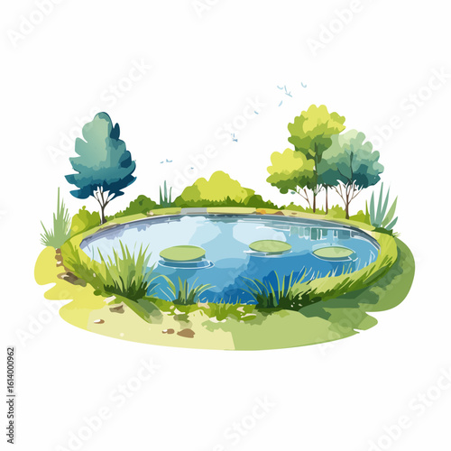 A tranquil, oval-shaped pond with lily pads, surrounded by green grass, bushes, and trees in a watercolor style.