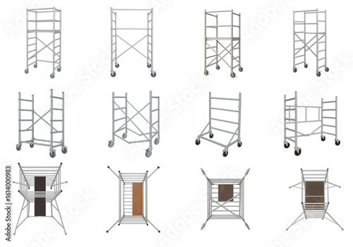 Collection of aluminum mobile scaffolds with lockable wheels safety railings for indoor or outdoor construction; scaffold tower structures in various perspectives showing frames, casters platforms