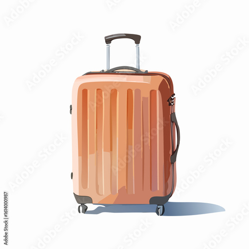 Modern peach-colored hard-shell travel suitcase with vertical grooves and extended handle.