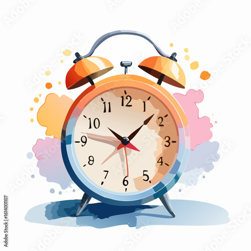 Retro orange and blue twin-bell alarm clock illustrated in a vibrant, painterly watercolor style.