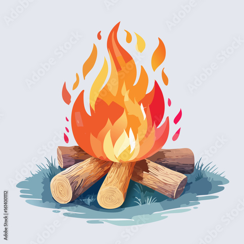 Stylized campfire illustration with vibrant orange and yellow flames rising from stacked wooden logs.