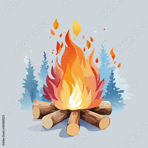 Artistic watercolor campfire with vibrant orange flames and burning logs.