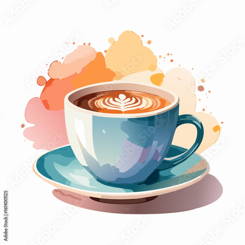 Blue ceramic coffee cup and saucer with detailed rosetta latte art, depicted in a vibrant, modern watercolor style with colorful splashes.