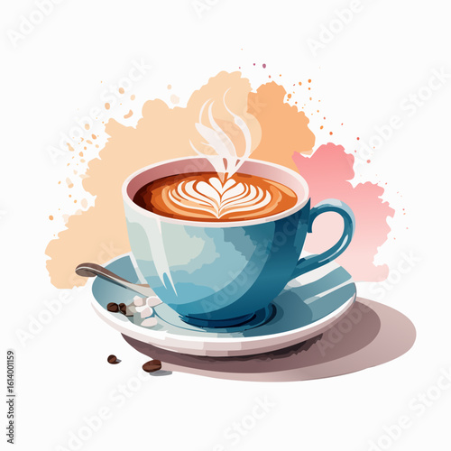 Steaming blue ceramic coffee cup with rosetta latte art, served on a saucer with a spoon and sugar cubes.
