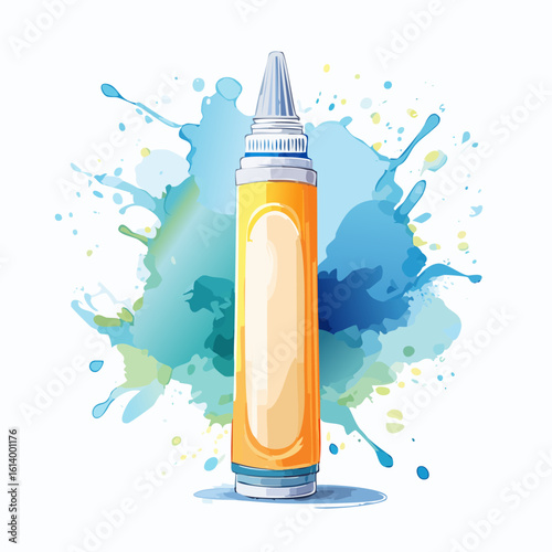 A vibrant watercolor illustration of a yellow squeeze bottle with a silver applicator nozzle and blank label.