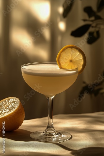 Craft Cocktail Elegantly Presented With Lemon in Warm Lighting.