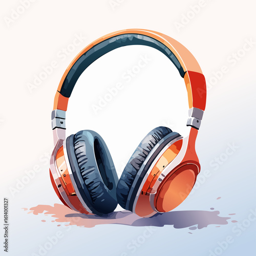 Stylish orange and black over-ear headphones in a vibrant, artistic watercolor style.