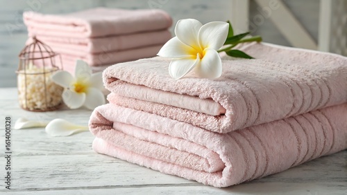 Elegant Soft Pink Towels Stacked with Delicate White Flower Adornment on a Rustic Wooden Surface.