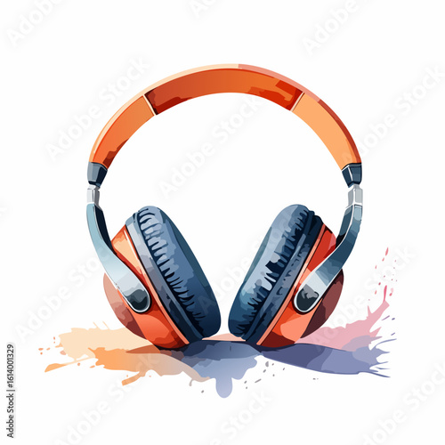 Vibrant watercolor illustration of modern orange and blue-grey over-ear headphones.
