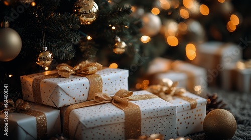 Beautifully Wrapped Gold and White Presents Under a Decorated Christmas Tree ...