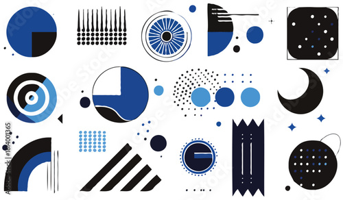 Geometric Abstraction with Circular and Linear Motifs A Composition of Varied Shapes and Textures in Blue Black and White Creating a Visually Stimulating Pattern