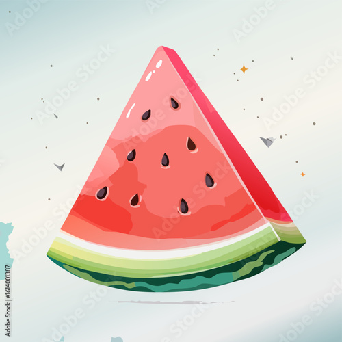 Stylized illustration of a juicy watermelon slice with vibrant red flesh, black seeds, and a layered green rind.