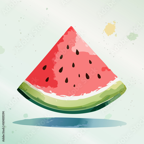 Stylized watercolor illustration of a triangular watermelon slice with a green and white rind.
