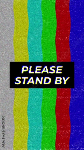 Please Stand By  Message Television Screen Displaying Color Bars. Classic television test pattern with colorful vertical bars and 