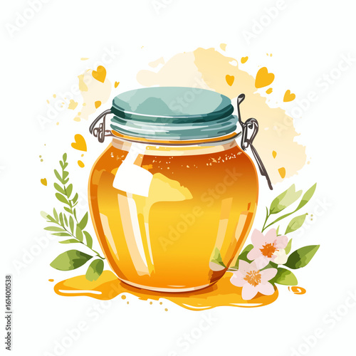 Honey Jar with Flowers and Hearts Illustration
