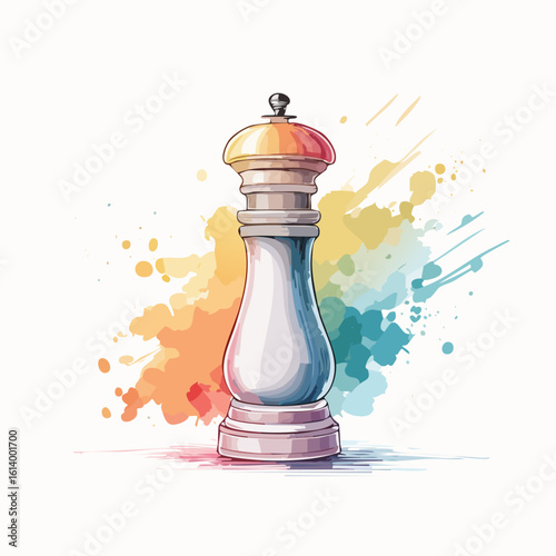 Stylish pepper mill with a colorful gradient top, rendered in a loose watercolor and ink illustration style.