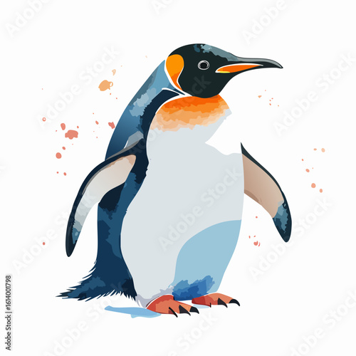 Stylized King Penguin illustration with vibrant orange and blue watercolor accents.
