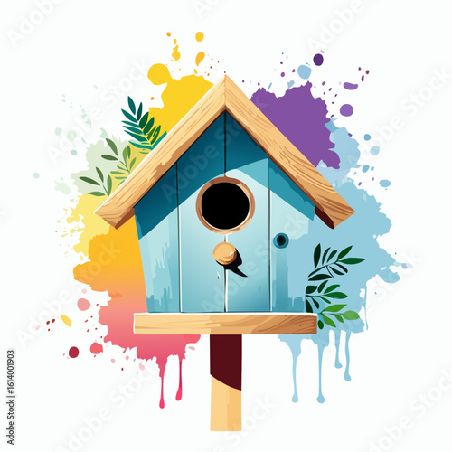 Charming blue wooden birdhouse with a natural wood roof, illustrated in a vibrant watercolor splash style.