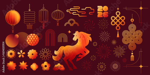 Chinese New Year  vector symbol. 2026 year of the Horse. Lunar new year concept. Geometric modern design with abstract forms, gradients, horse, lantrerns, fireworks. Design for calendar, cover, flyer.