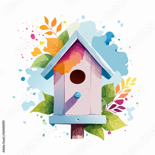 Charming watercolor birdhouse illustration with colorful leaves and artistic paint splatters.