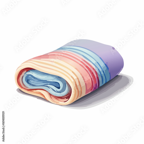 A neatly rolled, multi-colored striped towel with a soft texture. Features pastel shades of purple, blue, red, and yellow.