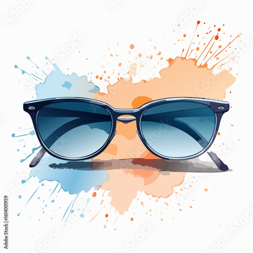 Classic dark-framed sunglasses with reflective blue gradient lenses in a vector style.