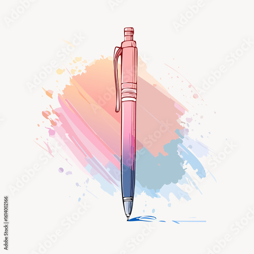 Artistic watercolor sketch of a retractable ballpoint pen with a pink and blue gradient, drawing a line.