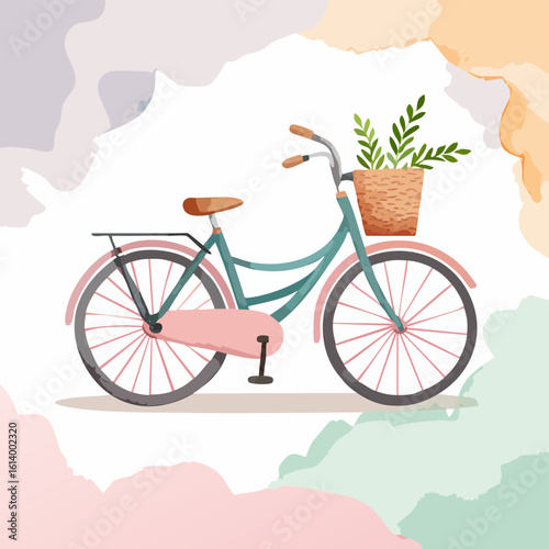 Vintage teal and pink bicycle illustration with a wicker basket of green plants.