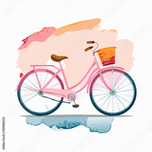 Stylish pink retro bicycle with a front basket and brown saddle, watercolor illustration.