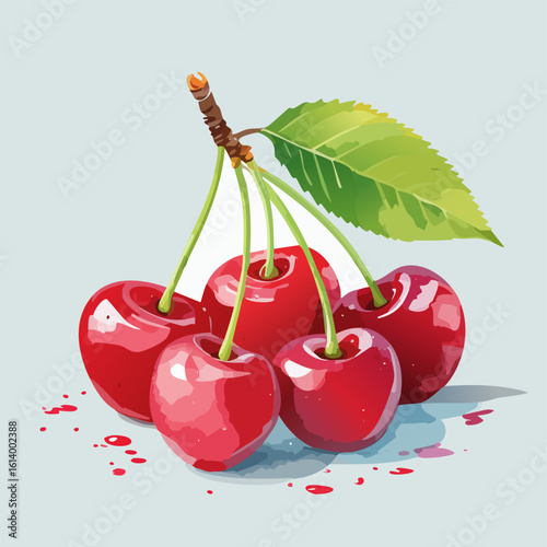 Vibrant watercolor-style illustration of a bunch of five ripe red cherries with a green leaf and juice splatters.