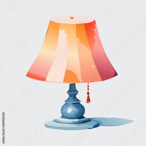 Stylized illustration of a classic table lamp with an ornate blue base and a colorful abstract shade.