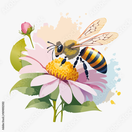 Stylized watercolor illustration of a fuzzy honeybee with transparent wings pollinating a delicate pink daisy-like flower.