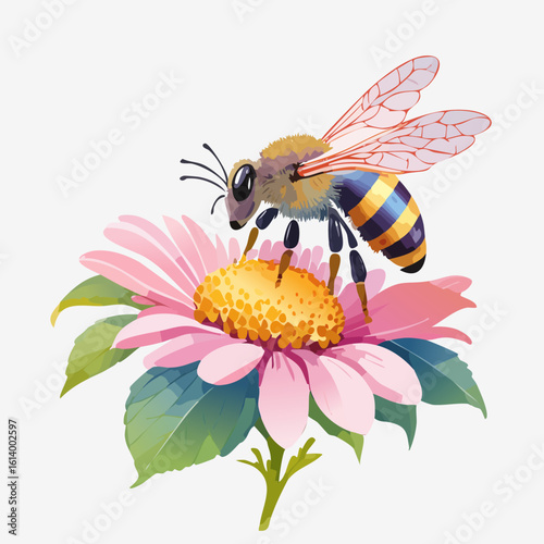 Stylized illustration of a fuzzy bee with yellow and blue stripes pollinating a vibrant pink flower.