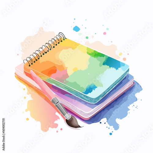 Colorful spiral sketchbook and pink paintbrush in a vibrant watercolor style, showcasing artistic supplies.