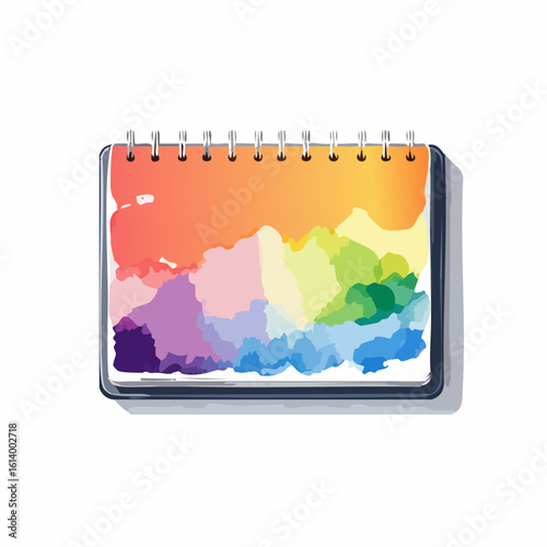 An open spiral-bound sketchbook filled with a vibrant abstract rainbow watercolor painting.