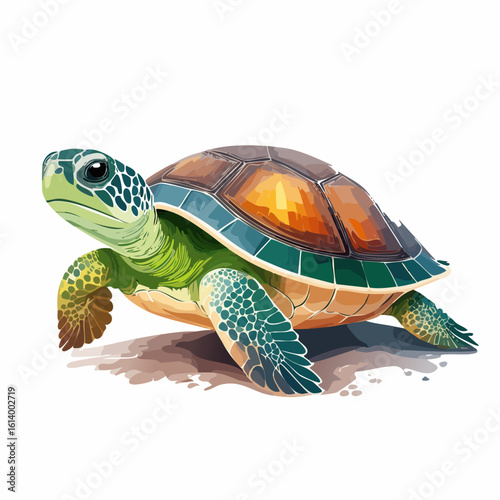 Colorful illustration of a green sea turtle with a shiny, segmented brown and blue shell.