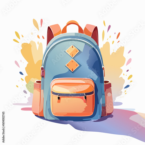 Stylish blue and orange school backpack illustration with diamond patches and a front pocket.