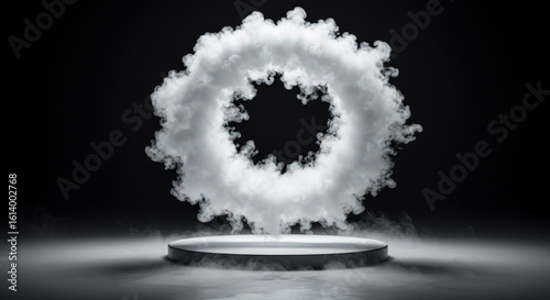 Mysterious Cloud Wreath Levitating Above a Spotlighted Podium in Darkness