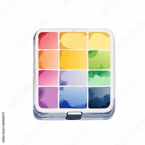 A vibrant watercolor paint palette illustration with twelve colorful pans in a portable case.