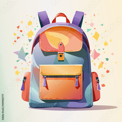 Vibrant cartoon school backpack with colorful pockets and purple straps.