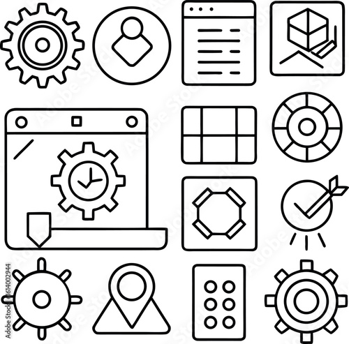 Collection of outline icons for technology and settings isolated on white background
