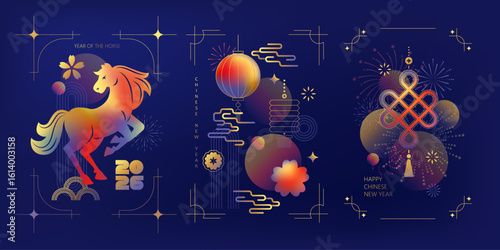 Chinese New Year  vector cards. 2026 year of the Horse. Lunar new year concept. Geometric modern design with abstract forms, gradients, horse, lantrerns, fireworks. Design for calendar, cover, flyer.