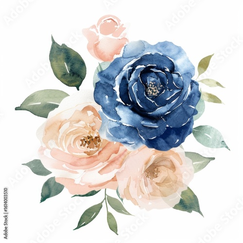 Watercolor of a navy blue and blush roses, in white background.