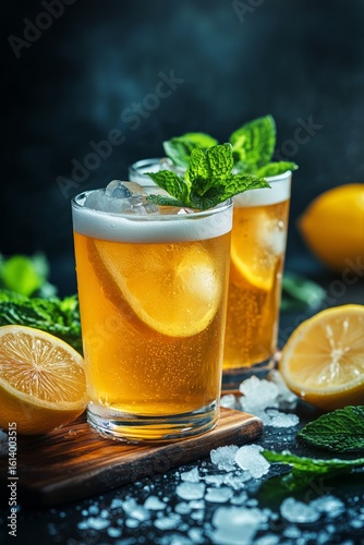 Refreshing Summer Beverage With Lemon and Mint on a Dark Background