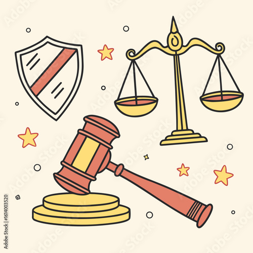Justice Symbols Gavel Scales and Shield.